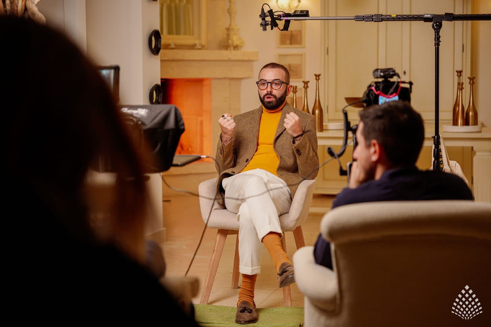 The presenter on camera at Borgo Egnazia